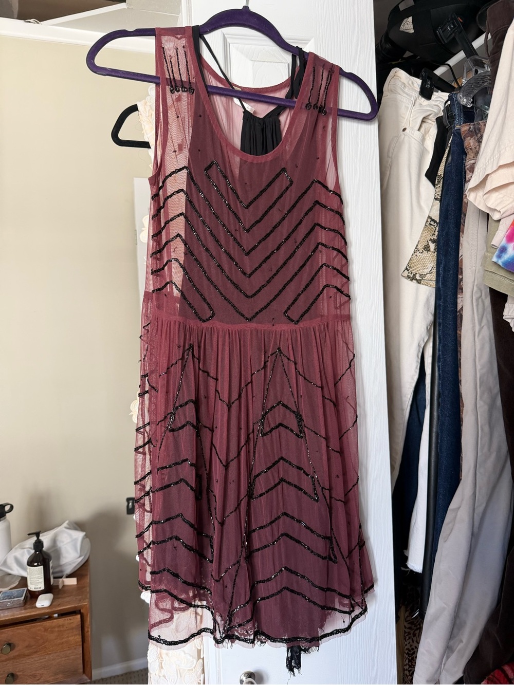 Free People Mauve Mesh Beaded Mini Dress